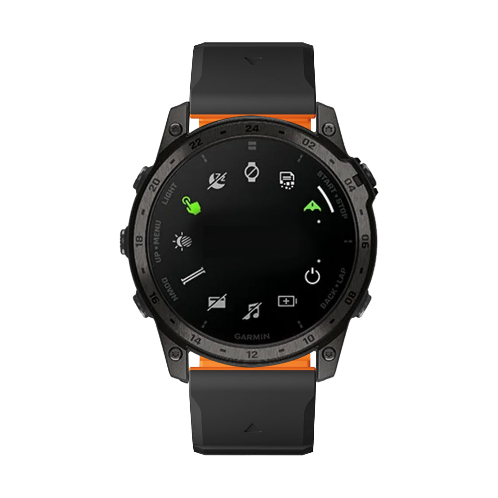 Black Garmin smartwatch with a black strap on a white background