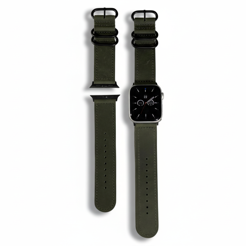 Green watch strap on a white background