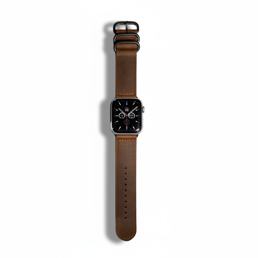 Brown Leather ringed wide watch strap for Apple