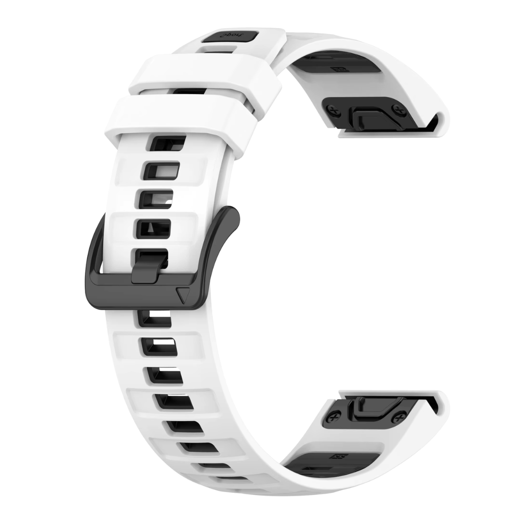 This White and Black Silicone 22mm Garmin QuickFit strap is built for mid-sized Garmin watches and is fully compatible with the Fenix 8 (47mm), Fenix 7, Fenix 6, Fenix 5, Epix Gen 2 (47mm), Approach S70 (47mm), and Instinct 2.