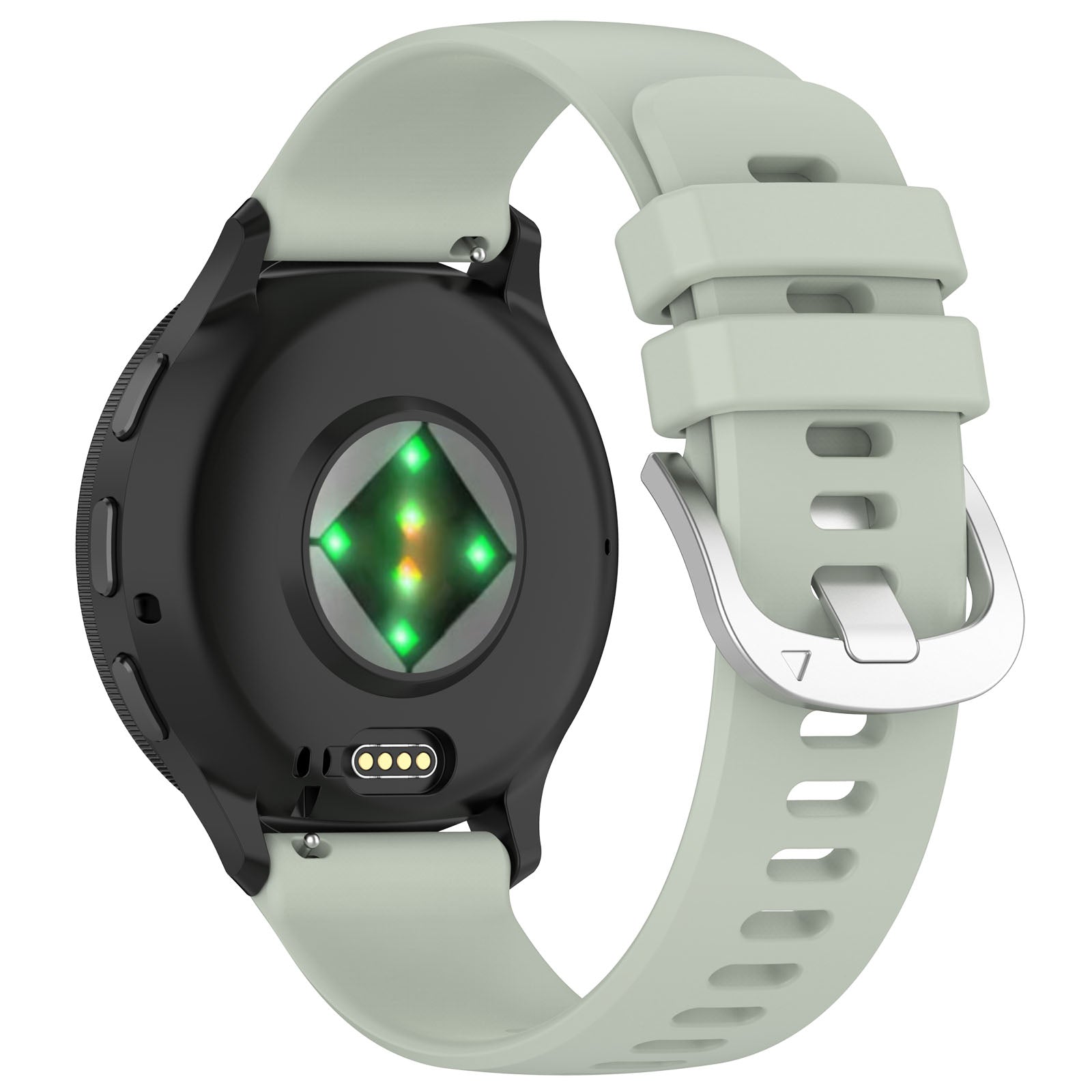Garmin watch with a light green band on a white background
