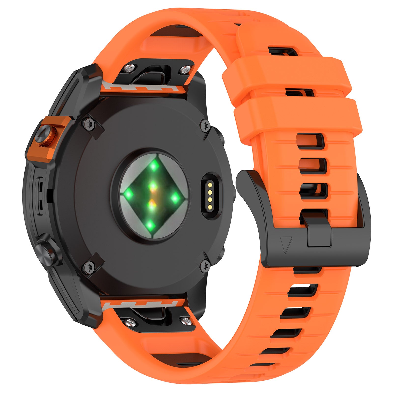 Orange and black garmin watch on a white background