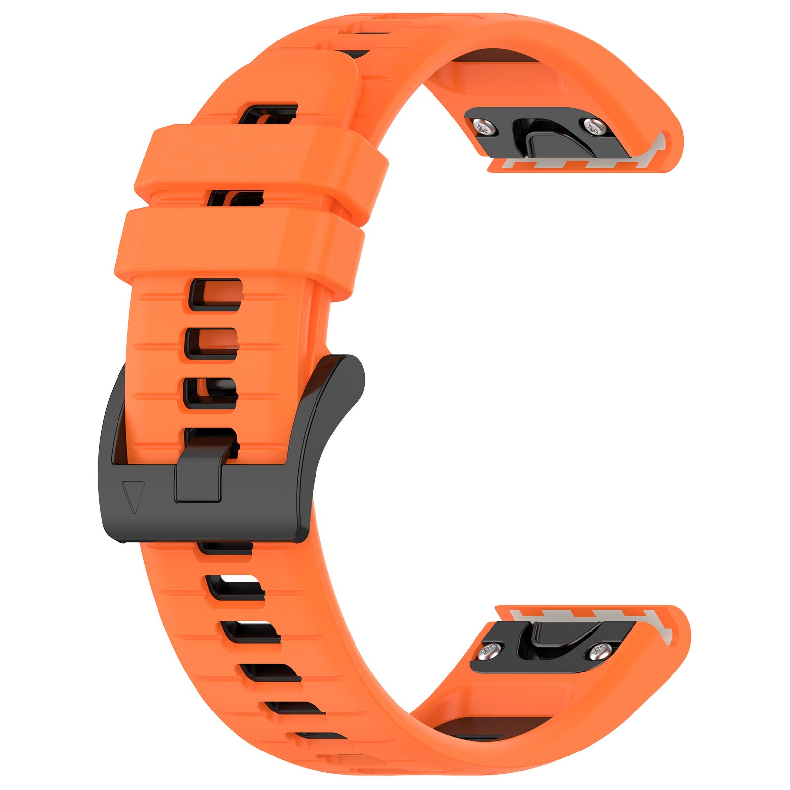Orange watch strap with black clasp on a white background