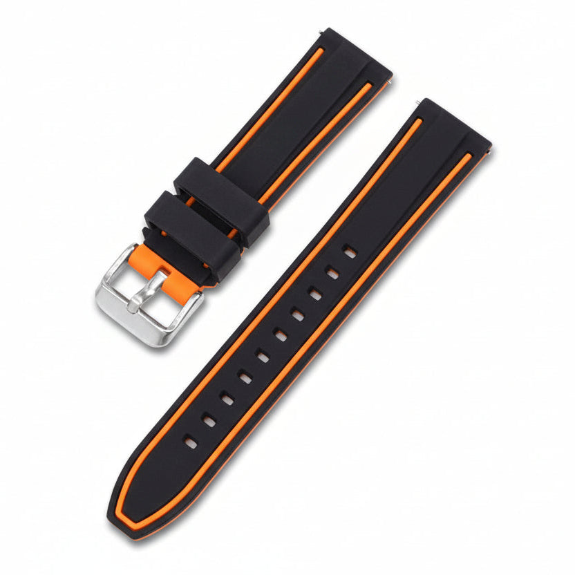 Black and orange watch strap with silver buckle on a white background