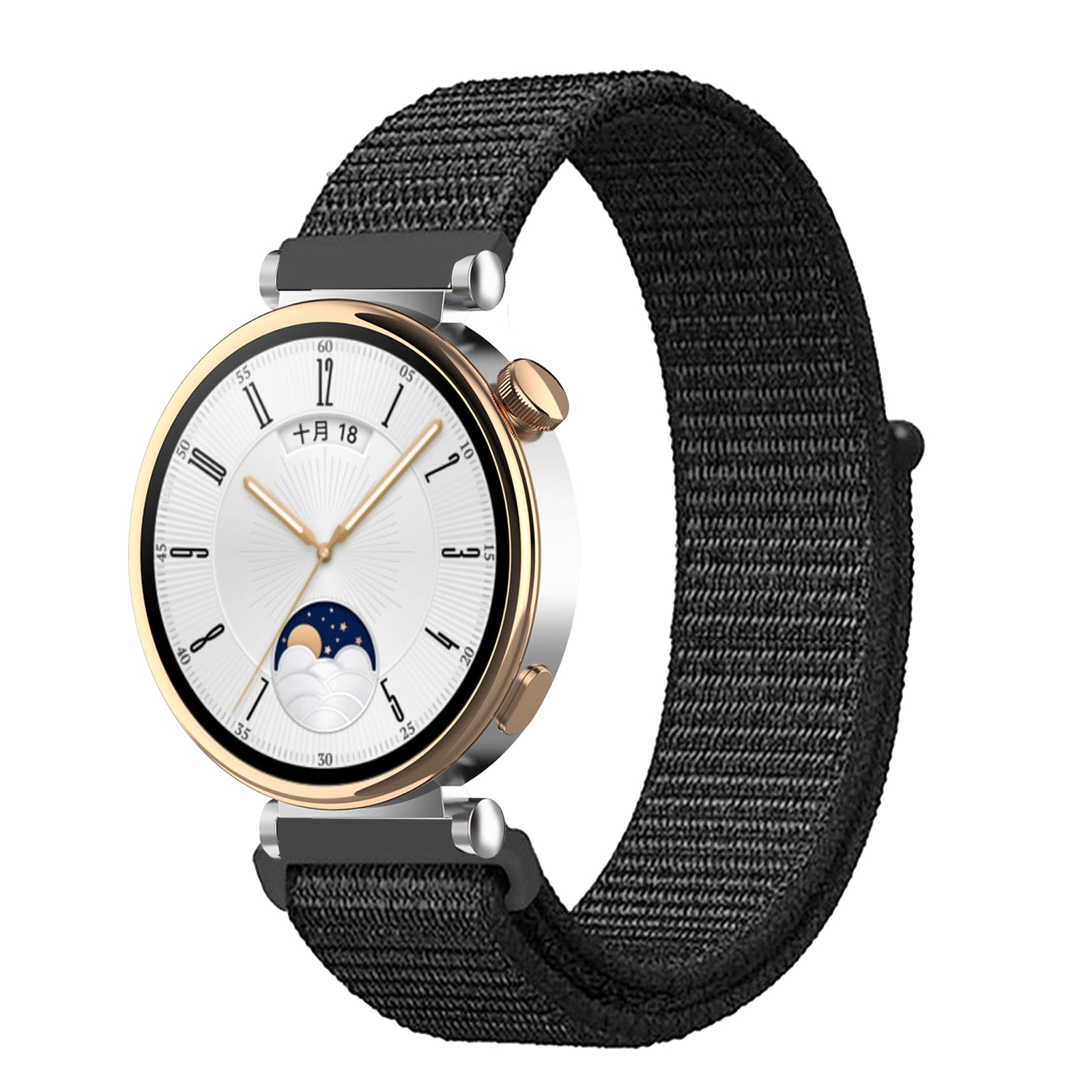Watch with black woven strap and white face on a white background