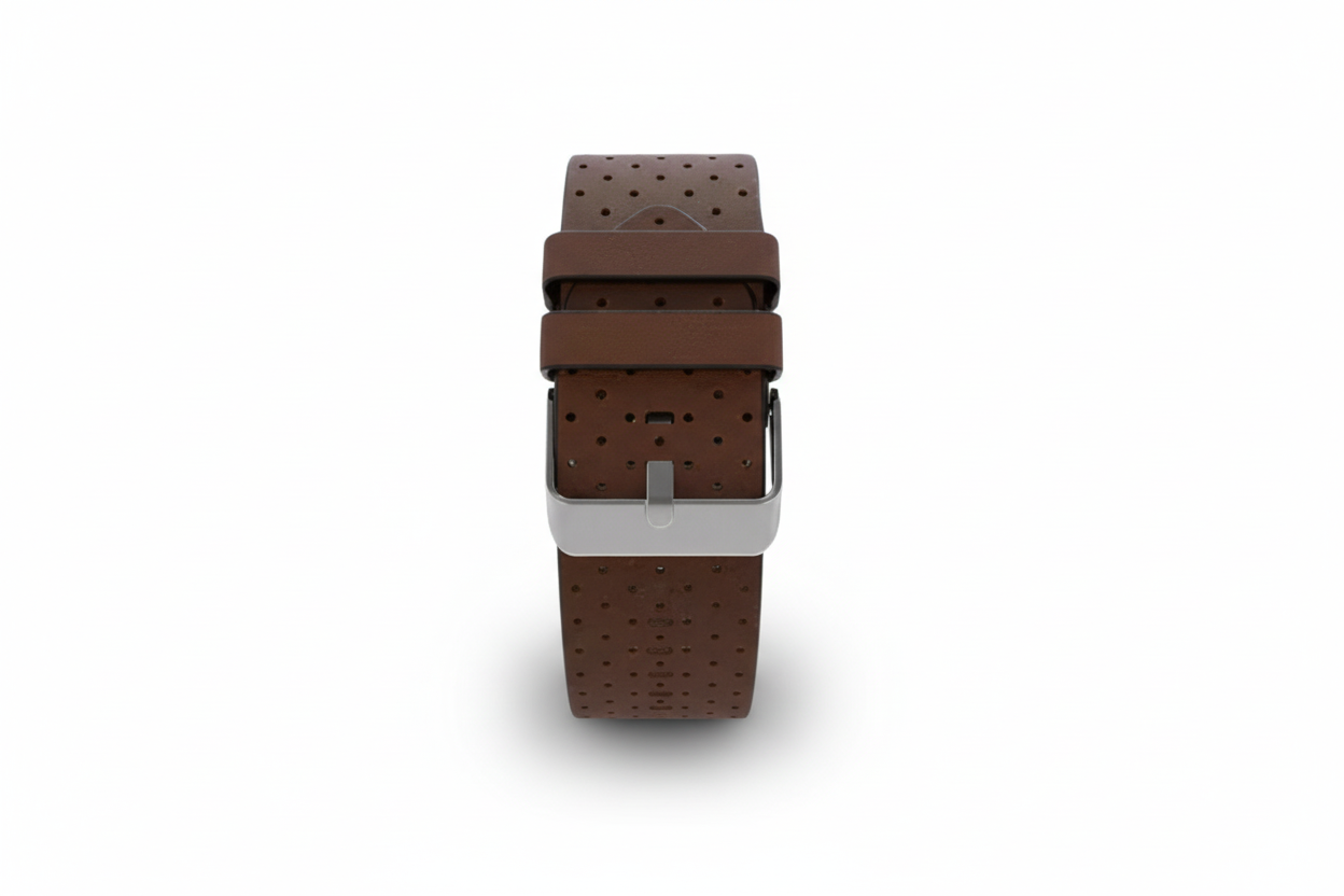 Brown perforated leather watch strap on a white background