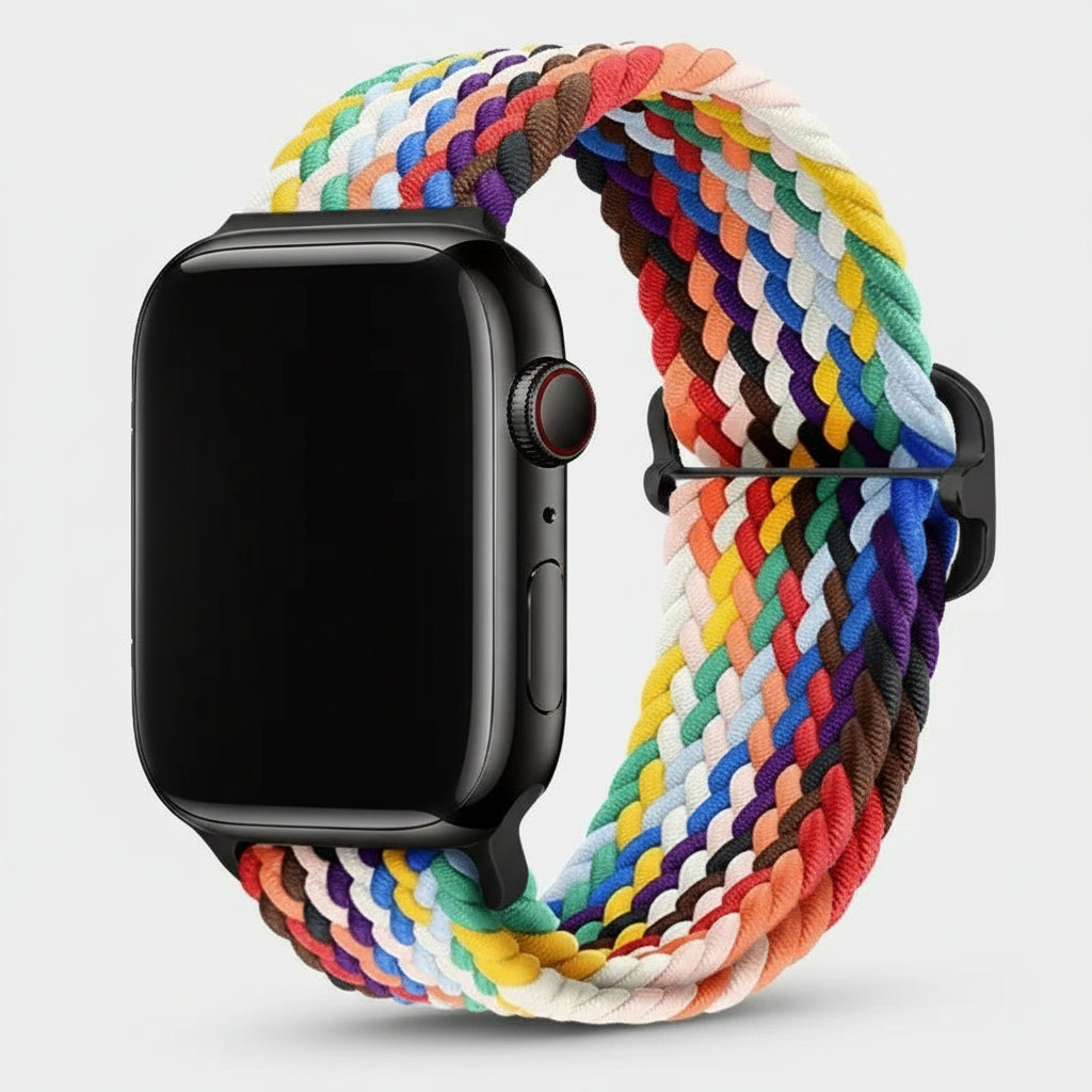 Apple Watch with a colourful braided band on a white background