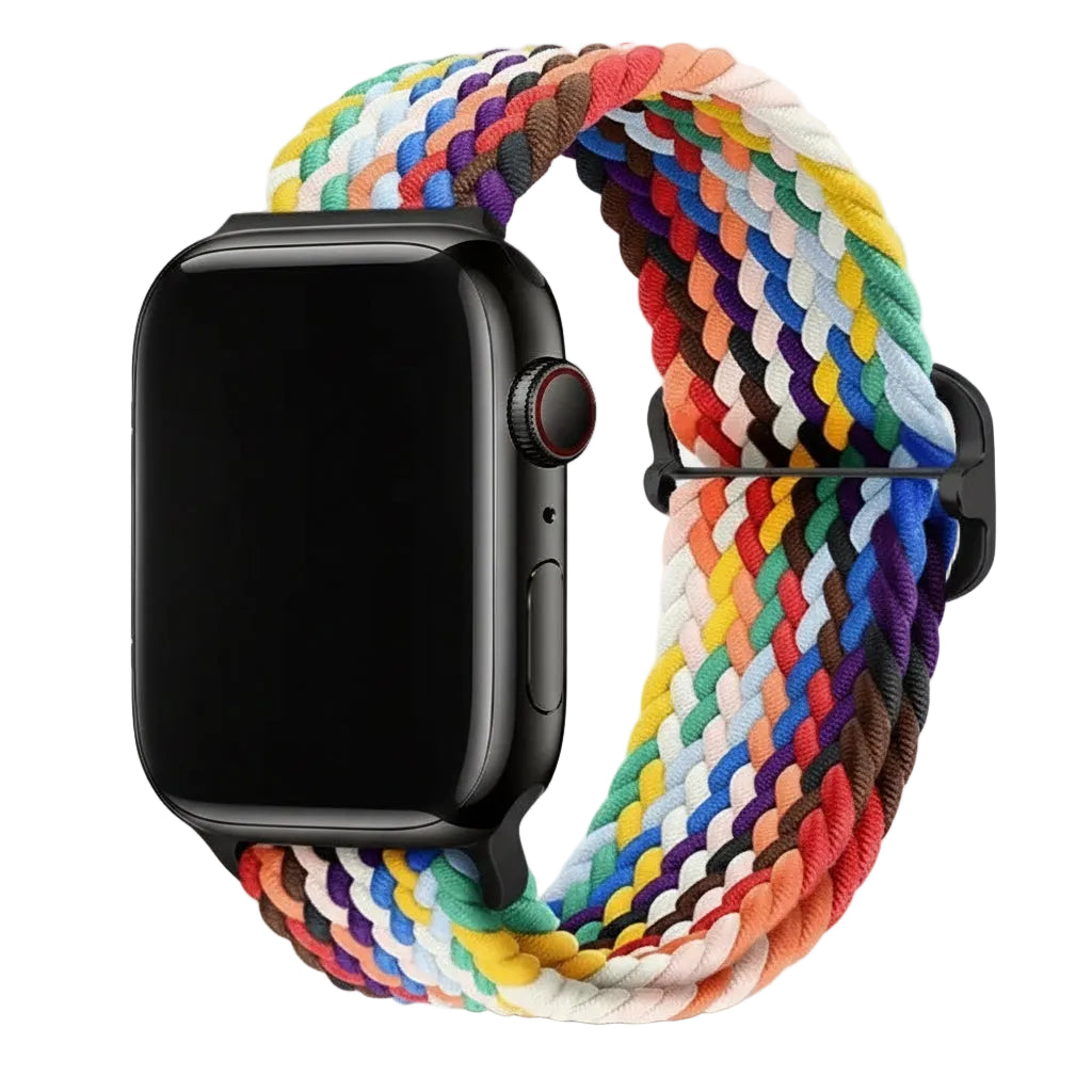Apple Watch with a colourful braided band on a white background