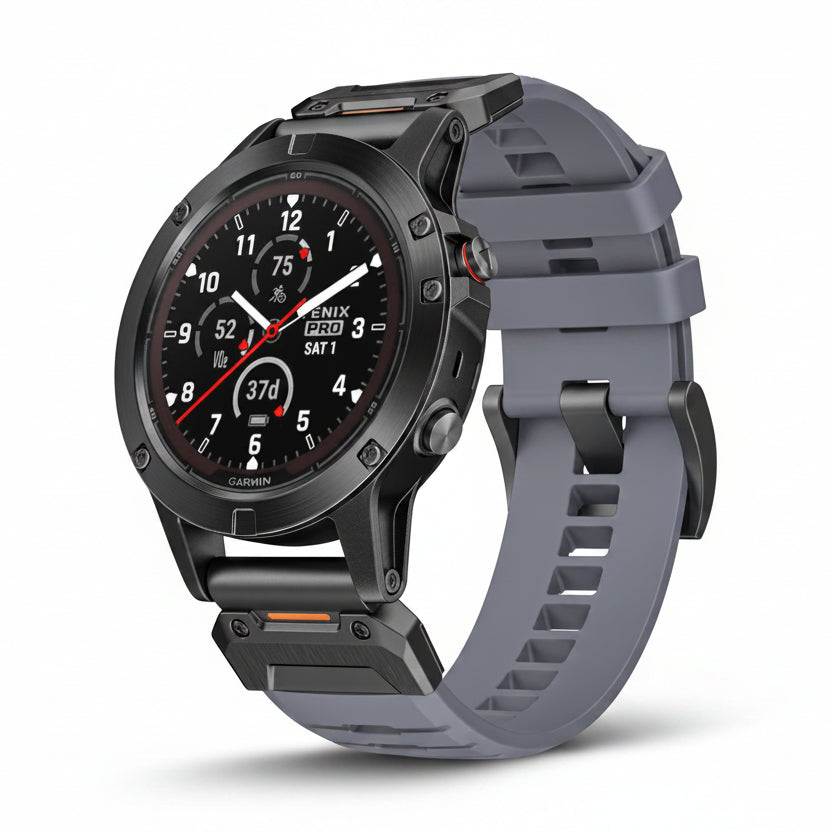 Smartwatch with a gray strap on a white background