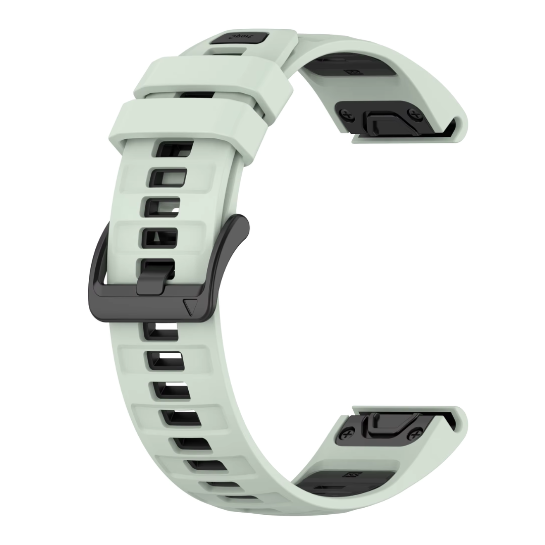 Light Green and black Garmin watch strap. This 20mm Garmin QuickFit strap is designed for smaller Garmin models, offering a perfect fit for the Fenix 7S, Fenix 6S, Fenix 5S, Epix Gen 2 (42mm), Approach S70 (42mm), and Instinct 2S.