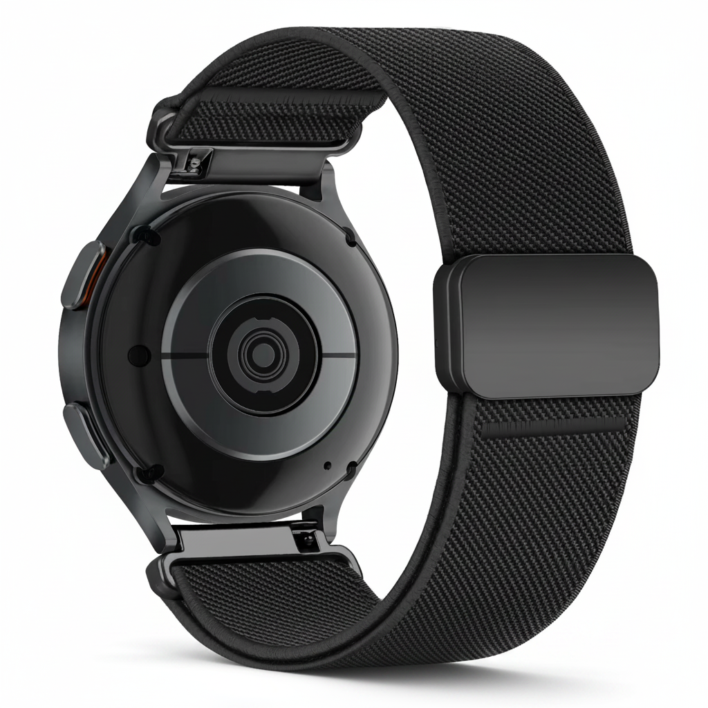 Black smartwatch with mesh band on a white background
