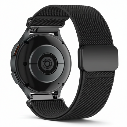 Black smartwatch with mesh band on a white background