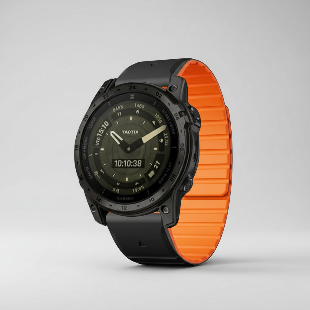 Garmin watch with black case and orange band on a white background