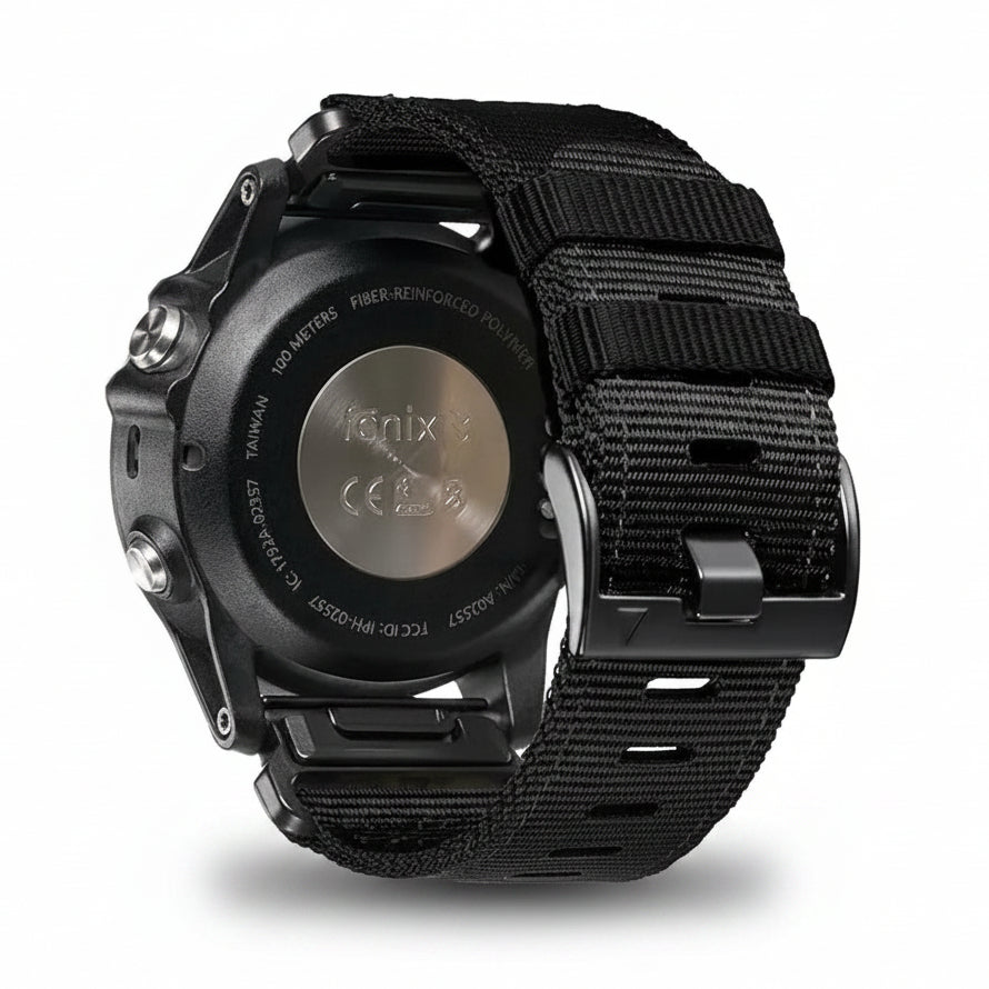 Black smartwatch with a detailed back view on a white background