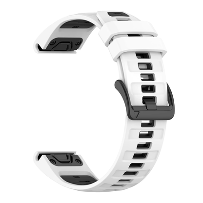 White and black Garmin watch strap. This 20mm Garmin QuickFit strap is designed for smaller Garmin models, offering a perfect fit for the Fenix 7S, Fenix 6S, Fenix 5S, Epix Gen 2 (42mm), Approach S70 (42mm), and Instinct 2S.