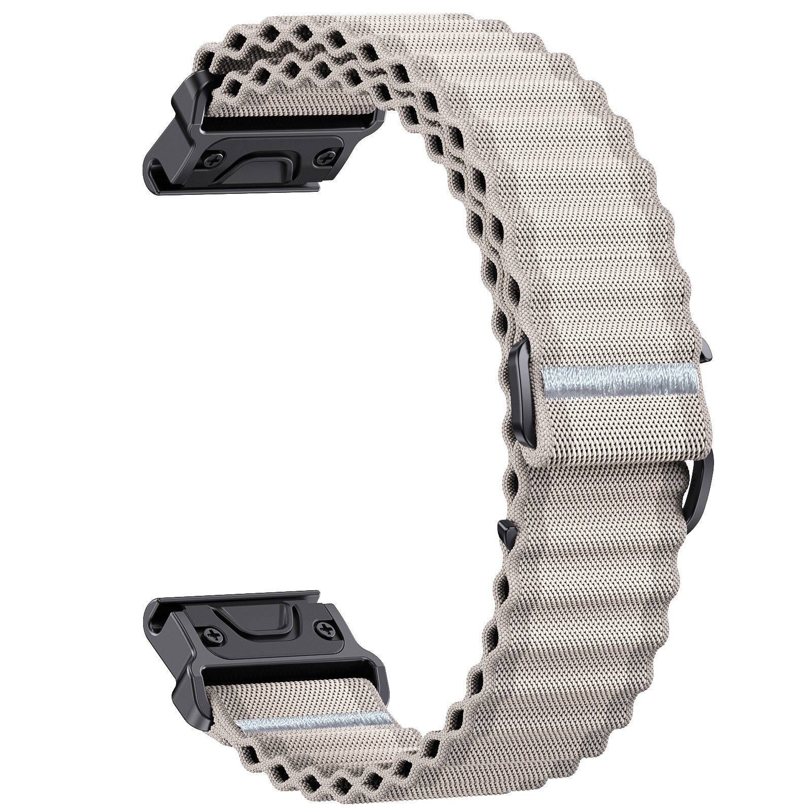 Metallic watch strap with black clasp on a white background