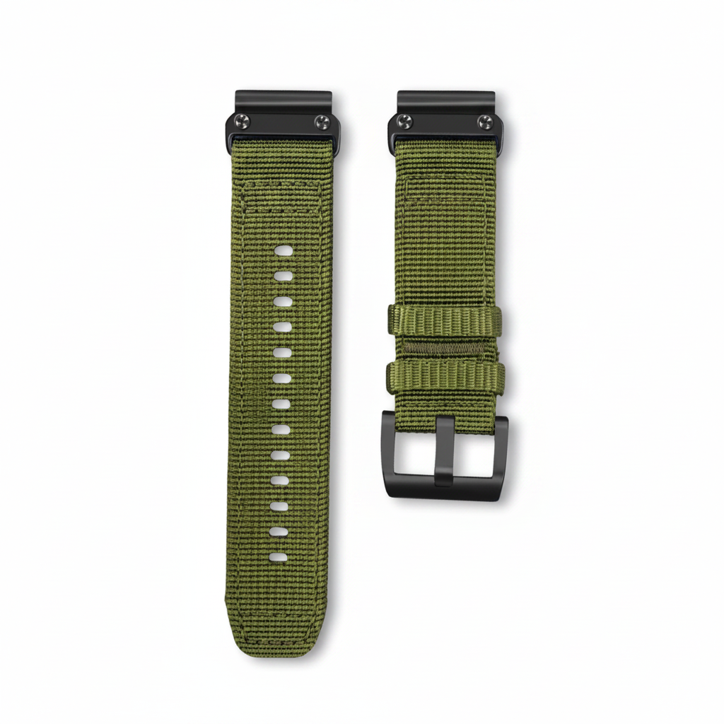 Green watch strap with black buckle on a white background