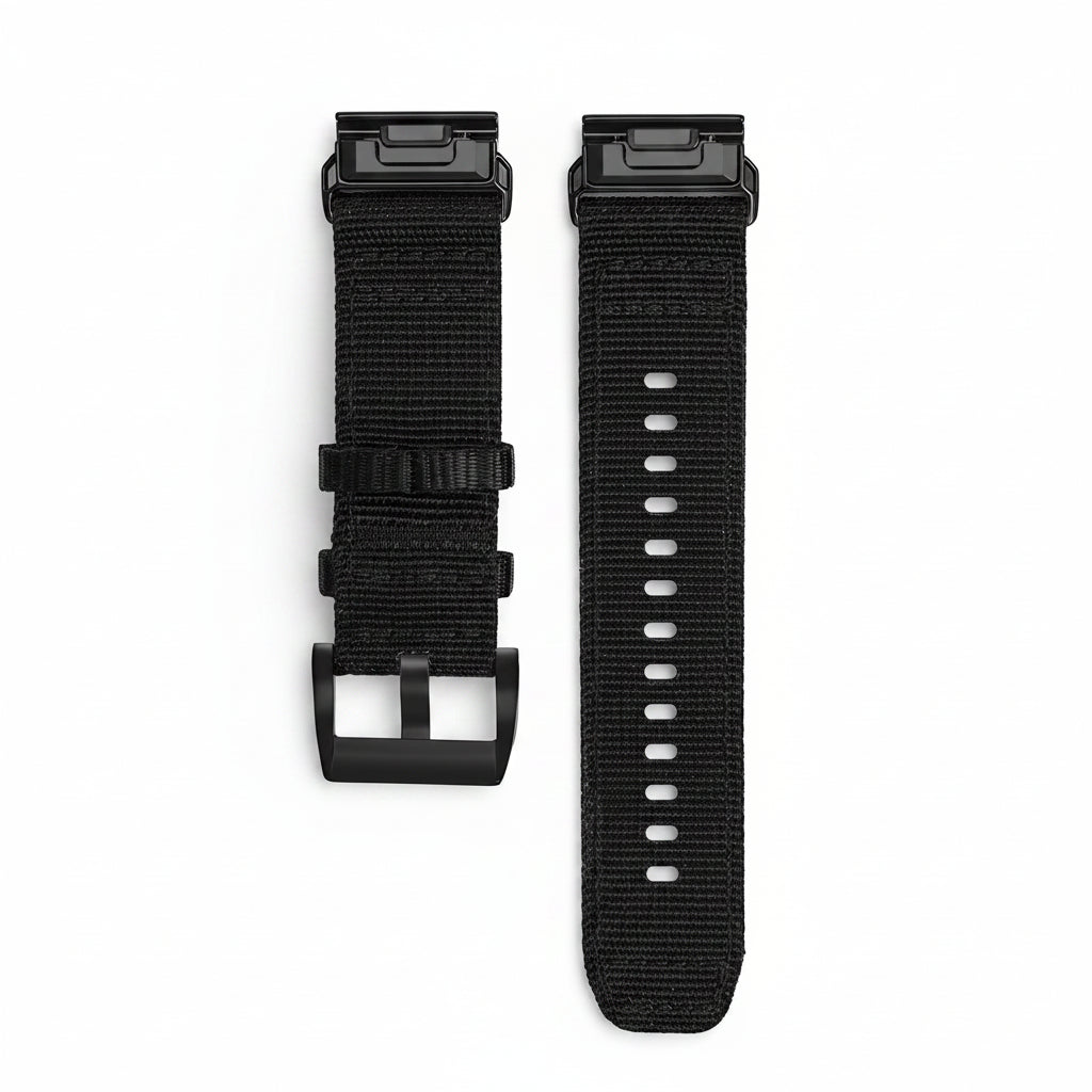 Black watch strap with buckle on a white background