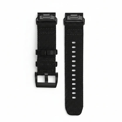 Black watch strap with buckle on a white background