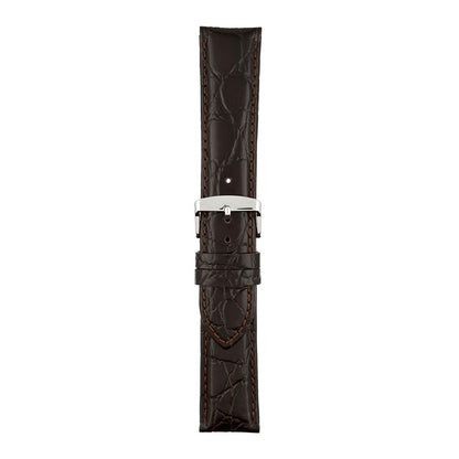 Brown crocodile-patterned watch strap with silver buckle on a white background