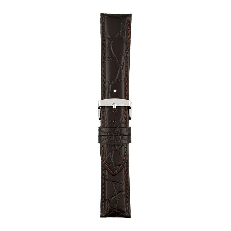 Brown crocodile-patterned watch strap with silver buckle on a white background