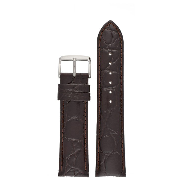 Brown leather watch strap with silver buckle on a white background