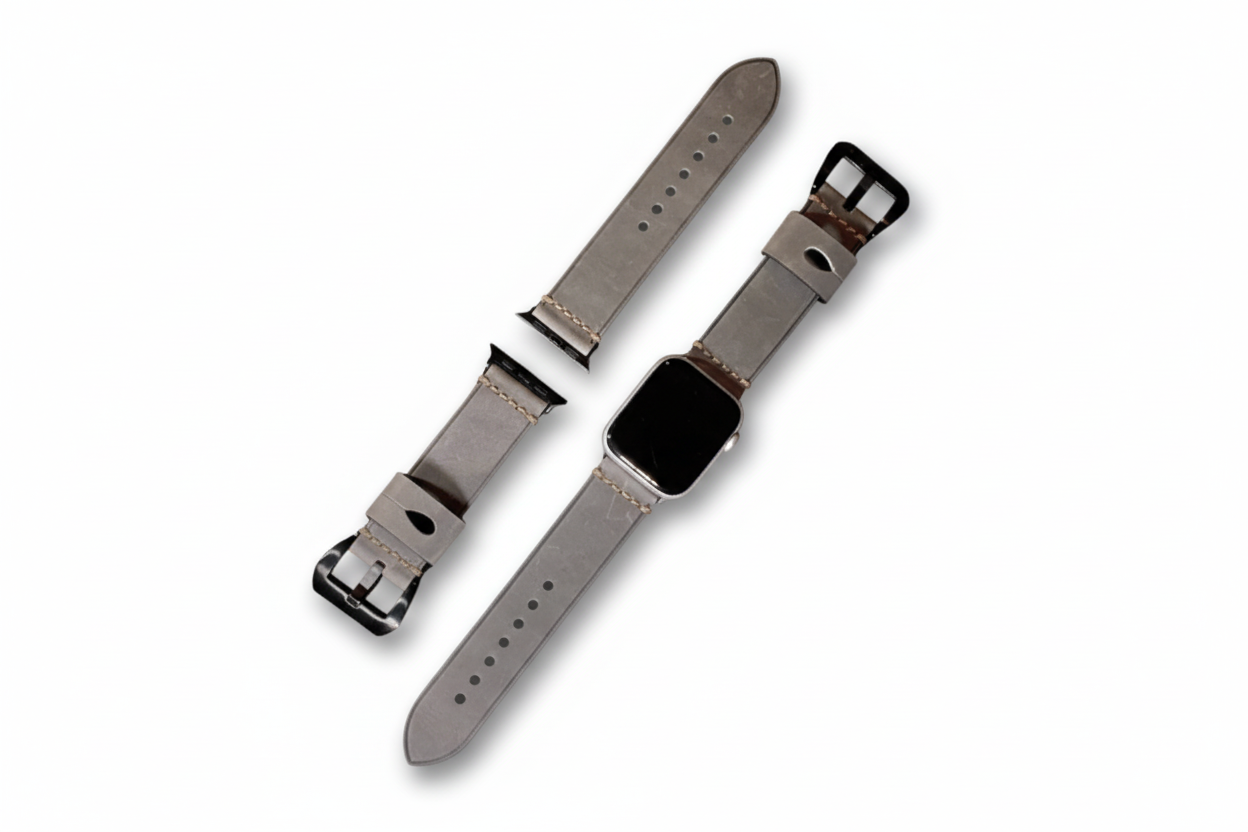 White Background - Leather Grey wide Watch Strap for Apple