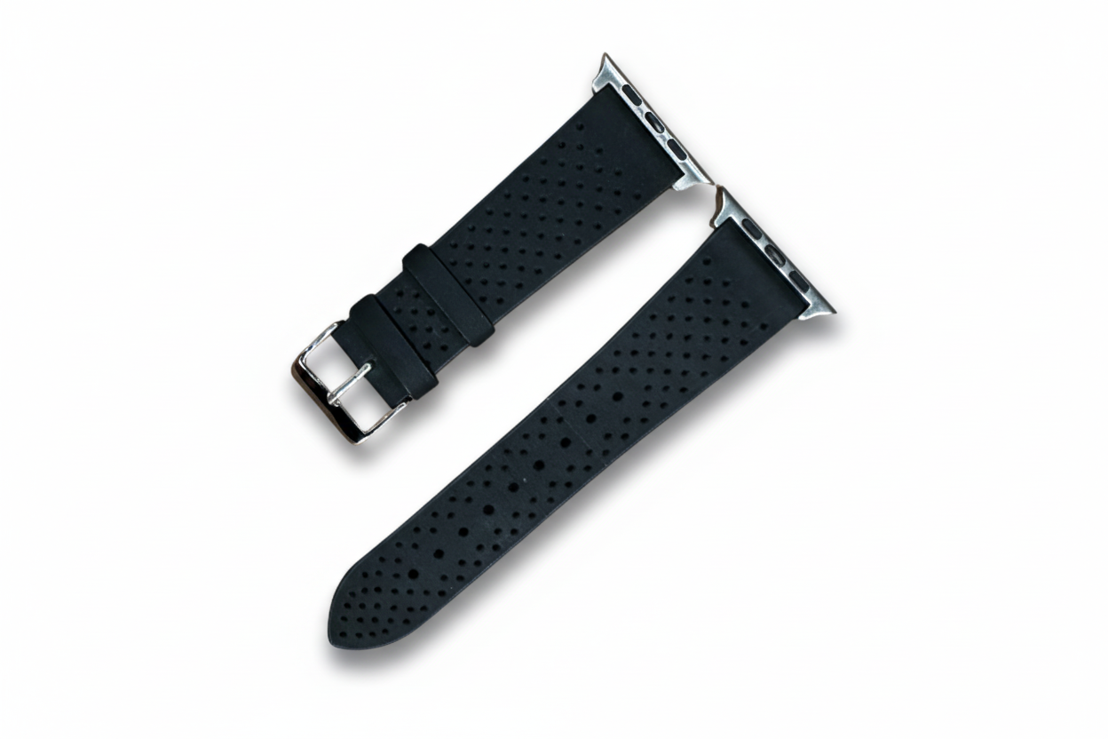 Black perforated watch strap with silver buckle on a white background