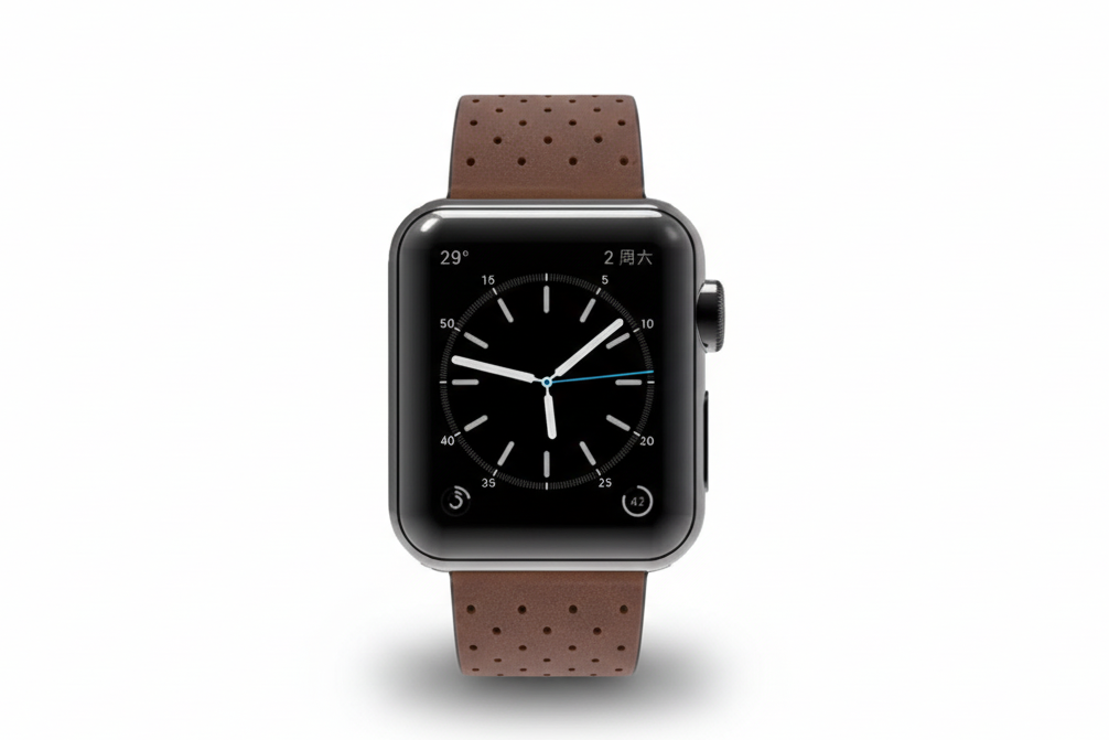 Apple Watch with a brown leather strap on a white background