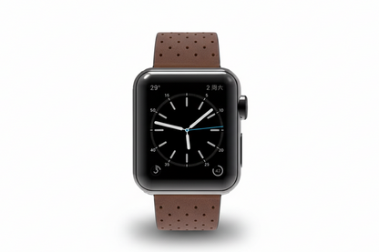 Apple Watch with a brown leather strap on a white background