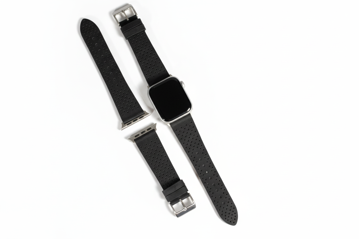 Black perforated leather watch strap with silver buckle on a white background