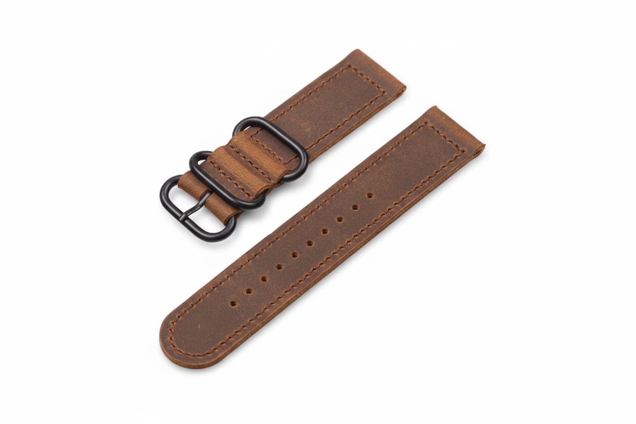 Brown leather watch strap with black metal loops on a white background