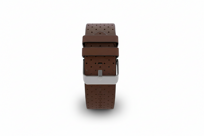 Brown perforated leather watch strap on a white background