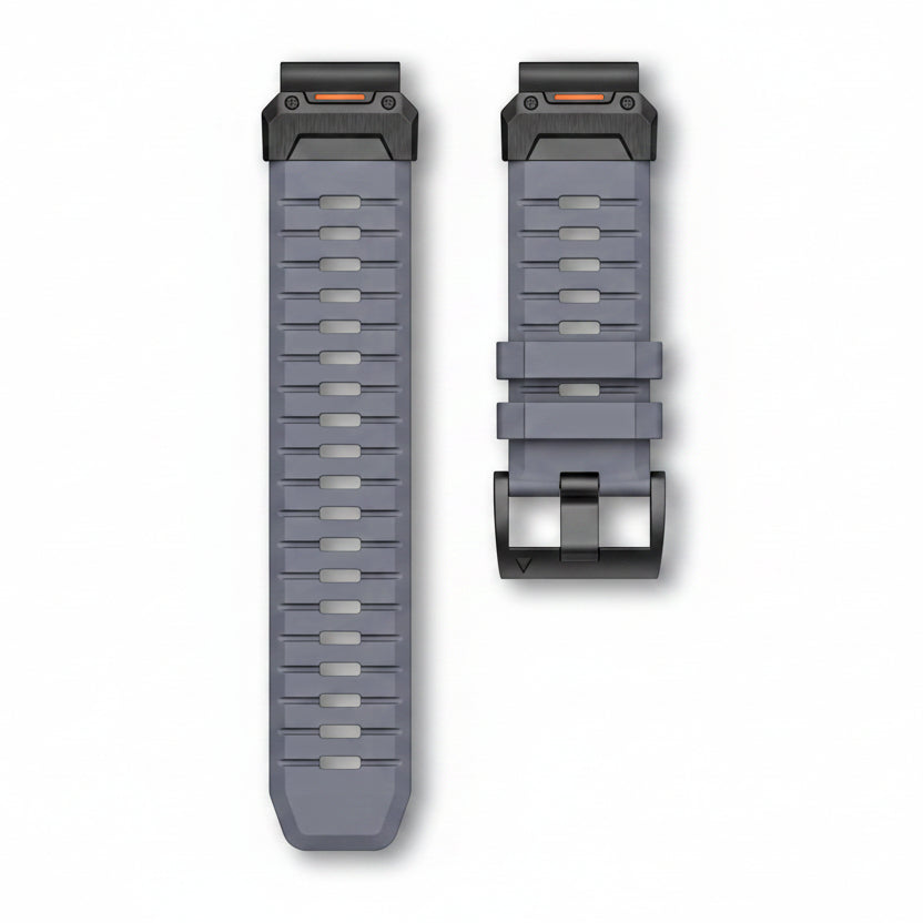 Gray watch strap with black clasp on a white background